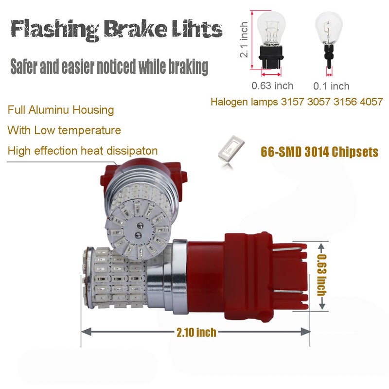 iBrightstar 9-30V Flashing Strobe Blinking Brake Lights 3157 3057 3156 3056 LED Bulbs Replacement for Tail Brake Stop Lights, Brilliant Red - Image 2